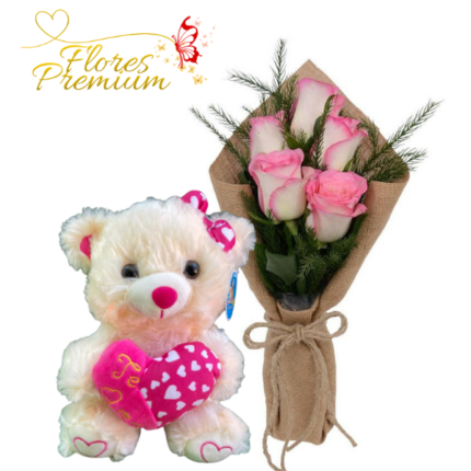 RAMO DE 5 ROSAS IMPORTADAS Y PELUCHE DE 20CM