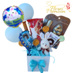 CAJA ESPECIAL PELUCHITO, HUEVITOS Y CONEJITO DE PASCUA, 3 BARRAS DE CHOCOLATE, CROASSAN Y GLOBOS