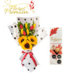 RAMO DE 10 TULIPANES 3 GIRASOLES Y BOMBONES BELGIAN
