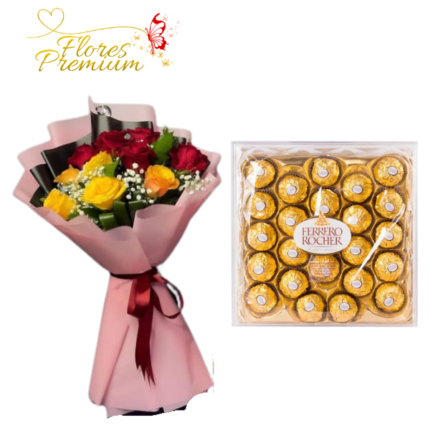 RAMO BICOLOR DE 12 ROSAS CON FERREROS ROCHER DE 300G