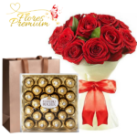 RAMO BOUQUET DE 16 ROSAS Y BOMBONES FERREROS ROCHER 300GRS
