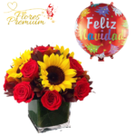 CUBO DE 6 ROSAS 4 GIRASOLES + GLOBO NAVIDEÑO