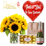 CILINDRO DE GIRASOLES, FERREROS 150GRS, CHAMPAGNE 375ML Y GLOBO METALIZADO