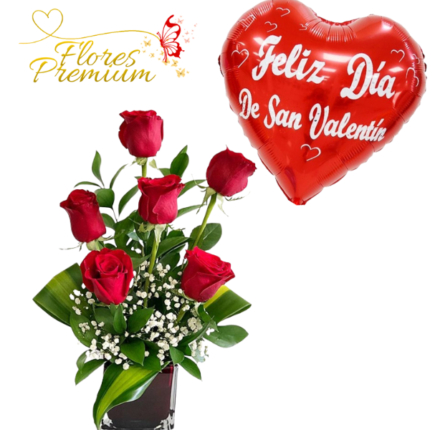 ARREGLO DE 6 ROSAS, FOLLAJE E ILUMINACION Y GLOBO METALIZADO