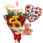 RAMO 6 ROSAS, 3 GIRASOLES, FOLLAJE, PELUCHITO 10CM Y GLOBO