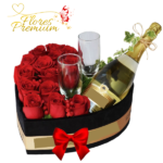 CAJA CORAZON 14 ROSAS, CHAMPAGNE Y 2 COPAS