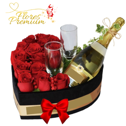CAJA CORAZON 14 ROSAS, CHAMPAGNE Y 2 COPAS