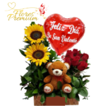 ARREGLO DE 2 GIRASOLES, 6 ROSAS, PELUCHE 20CM Y GLOBO