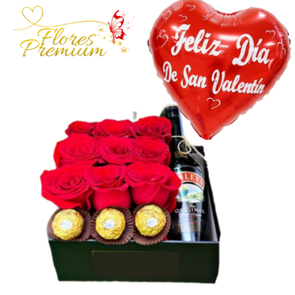 CAJA CUADRADA DE 9 ROSAS, 3 BOMBONES, BAILEYS Y GLOBO