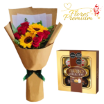 ELEGANTE RAMO DE 2 GIRASOLES Y 6 ROSAS + FERRERO ROCHER
