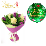 RAMO DE 3 ROSAS Y 5 TULIPANES + GLOBO NAVIDEÑO