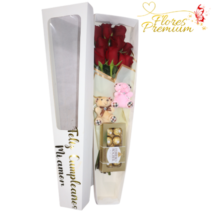 CAJA VISORA PERSONALIZADA DE 10 ROSAS, 2 PELUCHITOS Y BOMBONES 100GRS