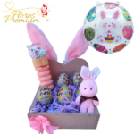 BASE MADERA CORAZON, PELUCHITO, HUEVITOS DE PASCUA, GOMA SLIME Y GLOBO