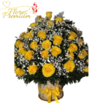 CANASTA DE 35 ROSAS ECUATORIANAS, GYPSOPHILA Y FOLLAJE