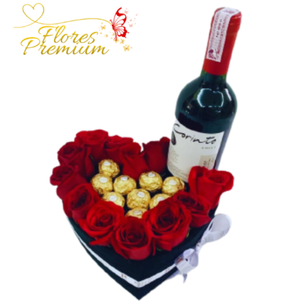 CAJA CORAZON DE 12 ROSAS, 9 BOMBONES Y VINO