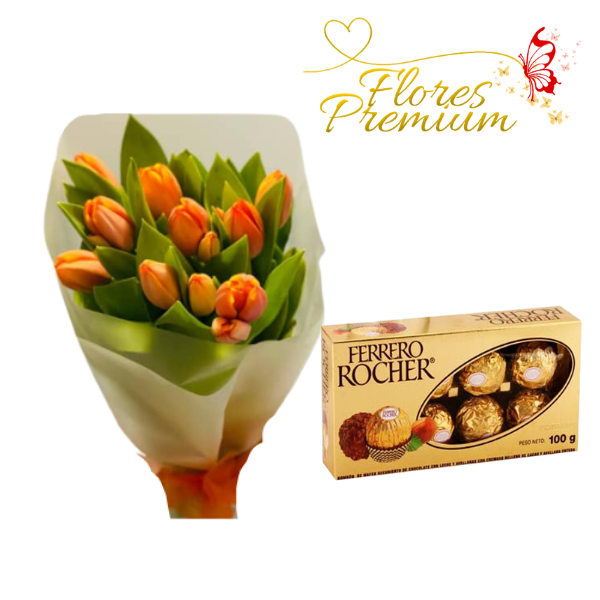 501-1.png RAMO DE 10 TULIPANES Y FERREROS ROCHER DE 100 GRS - Imagen 1
