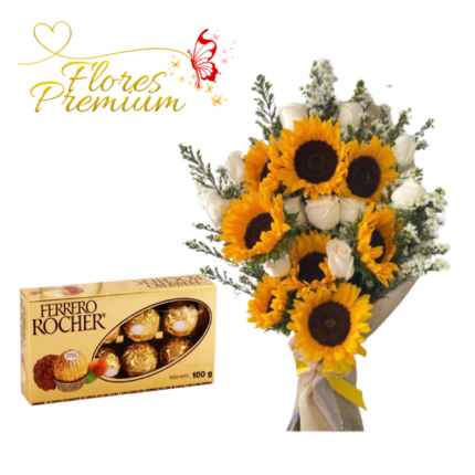 RAMO DE GIRASOLES, ROSAS EXTENDIDO, FOLLAJE Y FERREROS 100 GRS
