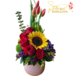 ARREGLO DE ROSAS, TULIPANES, GIRASOLES Y FOLLAJE