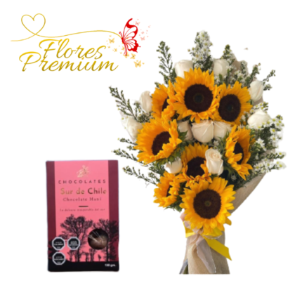 RAMO DE GIRASOLES, ROSAS EXTENDIDO, FOLLAJE Y BOMBONES DEL SUR