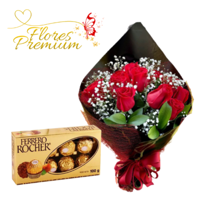 RAMO DE 10 ROSAS ESPARCIDO BOUQUET Y FERRERO ROCHER 100 GRS