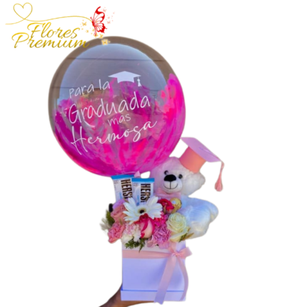 BOX GRADUADO 2 HERCHEYS 6 ROSAS PELUCHE 25 CM Y BURBUJA