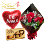 RAMO DE 10 ROSAS ESPARCIDO BOUQUET, FERRERO ROCHER 100 GRS Y GLOBO GRANDE METLIZADO