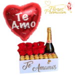 CAJA CUADRADA DE 8 ROSAS, CHAMPAGNE, 16 BOMBONES Y GLOBO