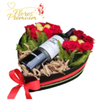 CAJA CORAZON DE 8 ROSAS, 6 BOMBONES Y VINO