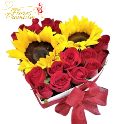 CAJA CORAZON 15 ROSAS 2 GIRASOLES