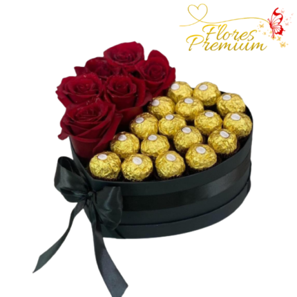 CAJA CORAZON MITAD ROSAS Y MITAD BOMBONES