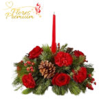 CENTRO DE MESA CON ROSAS Y ADORNOS NAVIDEÑOS