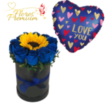 CAJA BOX DE 10 ROSAS, 1 GIRASOL Y GLOBO