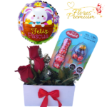ARREGLO DE 3 ROSAS, CHOCOLATES DE PASCUA Y GLOBO