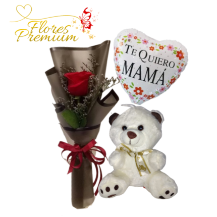 RAMO DE 1 ROSA, PELUCHE DE 20CM Y GLOBITO
