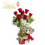 FLORERO DE 7 ROSAS Y PELUCHE DE 25CM
