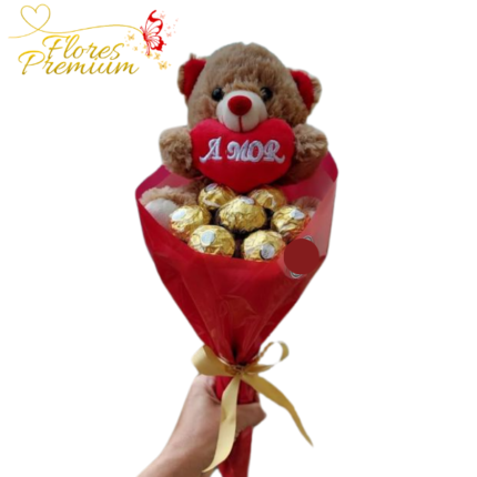 RAMO DE 8 BOMBONES Y PELUCHE DE 20CM