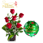 CAJA CUADRADA DE 6 ROSAS + GLOBO NAVIDEÑO