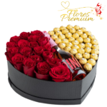 CAJA CORAZON DE 18 ROSAS IMPORTADAS, 40 BOMBONES FERREROS Y ESPUMANTE DE 750ML