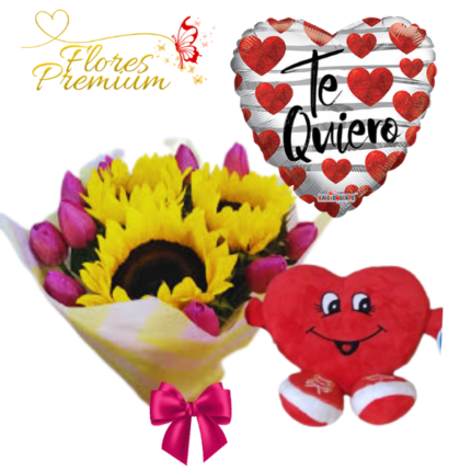 RAMO DE 10 TULIPANES, 3 GIRASOLES, PELUCHE CORAZON 15CM Y GLOBO