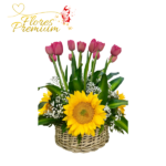 CANASTA DE 3 GIRASOLES Y 10 TULIPANES