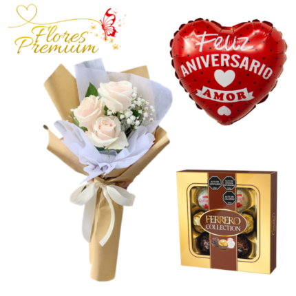 HERMOSO RAMO DE 3 ROSAS + BOMBONES FERREROS ROCHER 100 GRS Y GLOBO