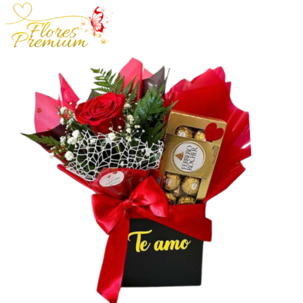 CAJA BOX DE 1 ROSA Y BOMBONES FERRERO ROCHER 100 HRS