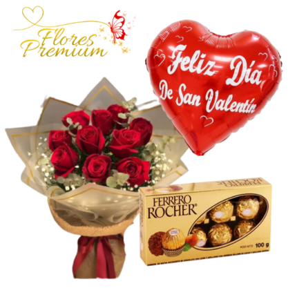 RAMO DE 10 ROSAS, FERREROS ROCHER 100GRS Y GLOBO