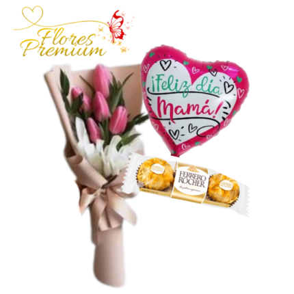 RAMO DE 5 TULIPANES, FERREROS DE 3 UNID Y GLOBITO