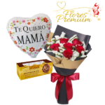 RAMO 6 ROSA, FOLLAJE, BOMBONES DE CHOCOLATE Y GLOBO