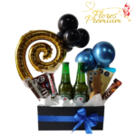 CAJA DE 2 CERVEZAS, 5 BARRAS DE CHOCOLARES, BOMBONES Y GLOBOS
