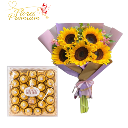RAMO 5 GIRASOLES CON CAJA GRANDE DE BOMBONES FERREROS ROCHER 300G