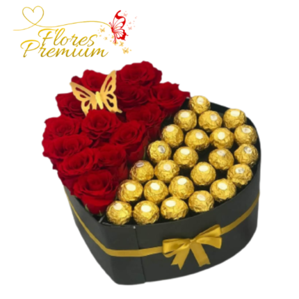 CAJA CORAZON 12 ROSAS Y 25 BOMBONES