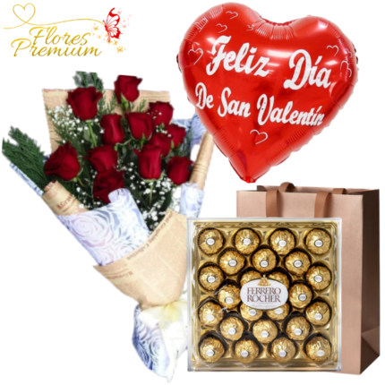 RAMO12 ROSAS IMPORTADAS, FERREROS 300GRS Y GLOBO