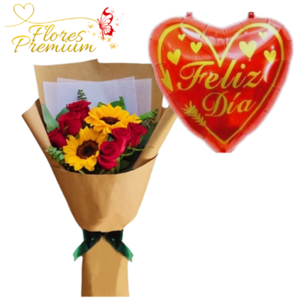 ELEGANTE RAMO DE 2 GIRASOLES, 6 ROSAS Y GLOBO